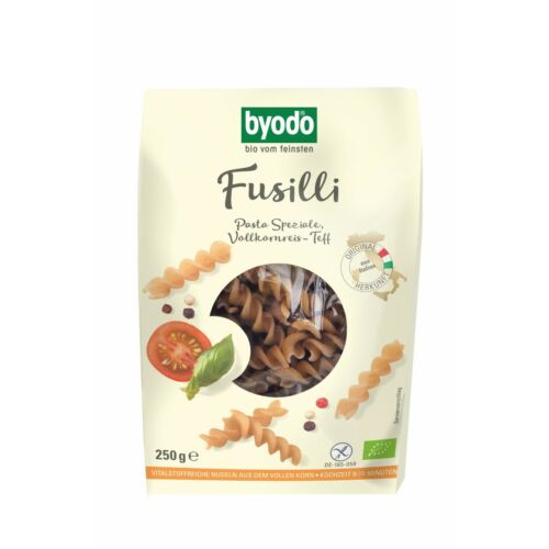 Byodo Bio Fusilli, teljes kiőrlésű rizs-teff tészta - gluténmentes 250g